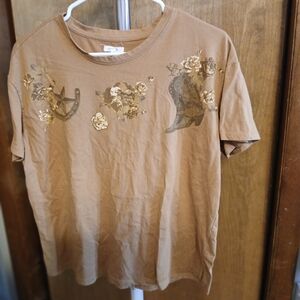 Maurices Brown Short Sleeve Tee with Floral Accents